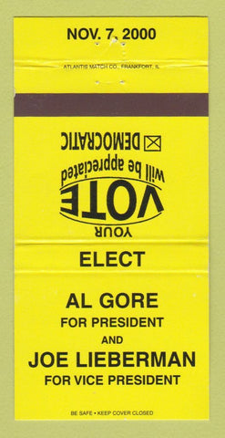 Matchbook Cover - Al Gore for President 2000 Joe Lieberman YELLOW 30 Strike