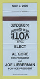 Matchbook Cover - Al Gore for President 2000 Joe Lieberman BLUE 30 Strike