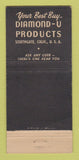 Matchbook Cover - Diamond U Products South Gate CA WEAR 30 Stick