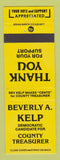 Matchbook Cover - Beverly A Kelp County Treasurer Election YELLOW