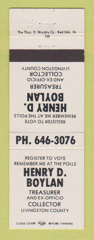 Matchbook Cover - Henry Boylan Treasurer Collector Livington County