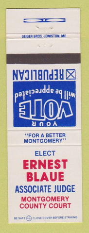 Matchbook Cover - Ernest Blaue Judge Election Montgomery County