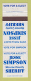 Matchbook Cover - Jesse Simpson Monroe County Sheriff Election