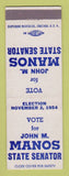 Matchbook Cover - John M Manos State Senator Election 1954