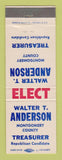 Matchbook Cover - Walter T Anderson Treasurer Election Montgomery County 1970