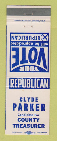 Matchbook Cover - Clyde Parker County Treasurer Election
