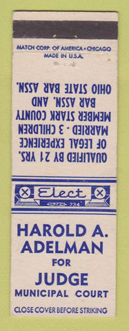 Matchbook Cover - Harold A Adelman Judge Election OH