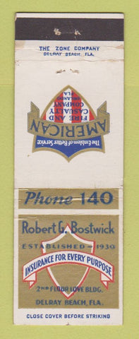 Matchbook Cover - Robert Bostwick Insurance Delray Beach FL low phone #