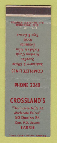 Matchbook Cover - Crossland's Gift Store Stationery Barrie ON