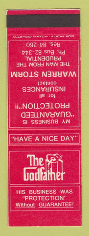 Matchbook Cover - Godfather Insurance Protection Warren Storm New Zealand SAMPLE