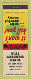 Matchbook Cover - Will Carburetor Service Battle Creek MI
