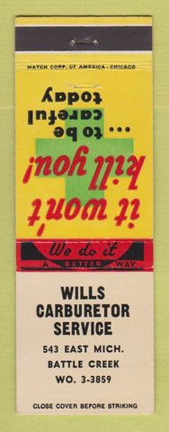 Matchbook Cover - Will Carburetor Service Battle Creek MI