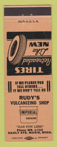 Matchbook Cover - Rudy's Tire Vulcanizing Imperial oil gas Sault Ste Marine MI