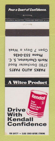 Matchbook Cover - Kendall oil gas Parks Auto Parts North Charleston SC