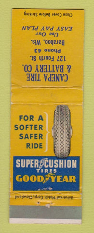 Matchbook Cover - Goodyear Tires Canepa Battery Baraboo WI low phone # WEAR