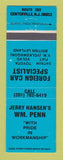 Matchbook Cover - Jerry Hansen's William Penn Centerville NJ auto repair