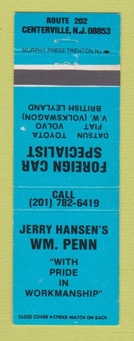 Matchbook Cover - Jerry Hansen's William Penn Centerville NJ auto repair