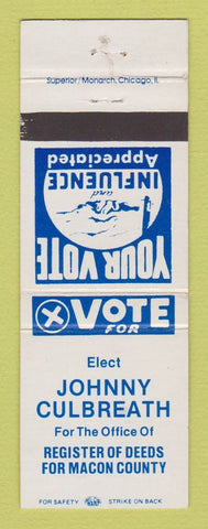 Matchbook Cover - Johnny Culbreath Register of Deeds Macon County