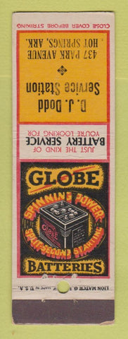 Matchbook Cover - Globe Auto Batteries DJ Dodd oil gas Hot Spirngs AR WEAR