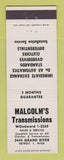 Matchbook Cover - Malcolm's Transmissions Detroit MI