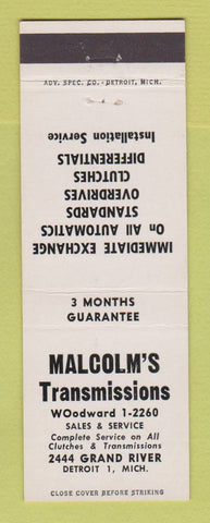 Matchbook Cover - Malcolm's Transmissions Detroit MI