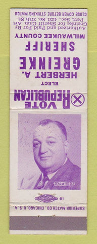 Matchbook Cover - Herbert Greinke Sheriff Election Milwaukee County WI