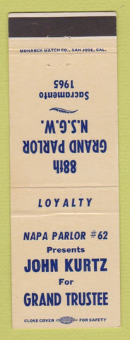 Matchbook Cover - John Kurtz Grand Truste Napa Parlor Sacramento CA 1965
