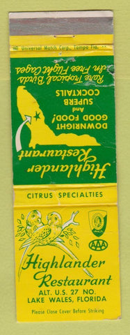 Matchbook Cover - Highlander Restaurant Lake Wales FL WEAR