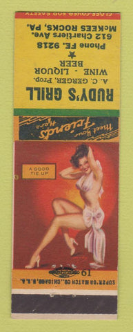 Matchbook Cover - Rudy's Grill McKees Rocks PA pinup girlie back
