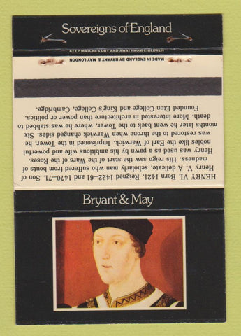 Matchbook Cover - King Henry VI UK England Bryant and May WEAR 40 Strike