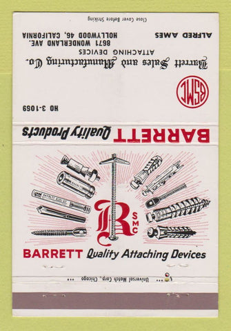 Matchbook Cover - Barrett Attaching Devices Hollywood CA Alfred Ames 40 Strike