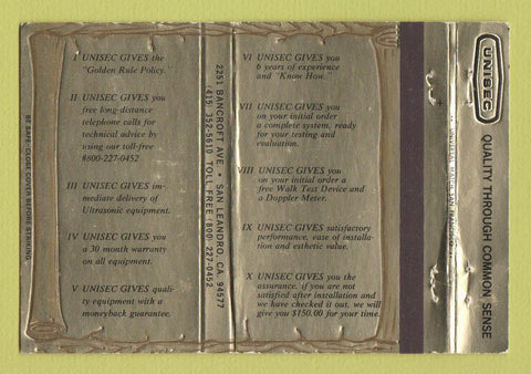 Matchbook Cover - Unisec San Leandro CA 40 Strike