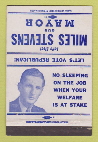 Matchbook Cover - Miles Stevens for Mayor Election 40 Strike