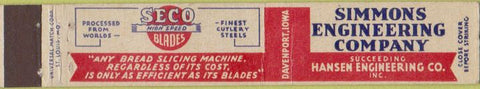 Matchbook Cover - Simmons Enigineering cutting blades Davenport IA 10 Strike