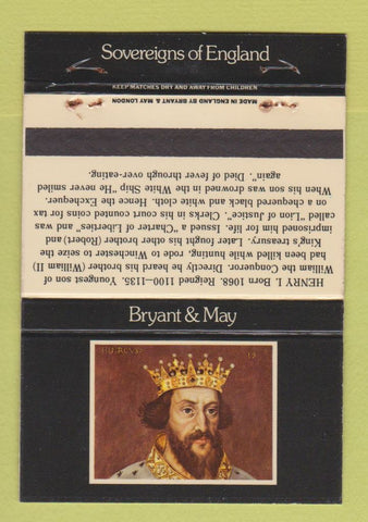 Matchbook Cover - Bryant and May Henry I King England UK WEAR 40 Strike