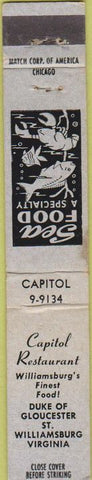 Matchbook Cover - Capitol Restaurant Williamsburg VA 10 Strike