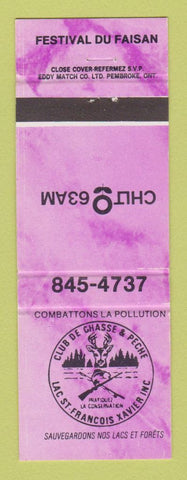 Matchbook Cover - Club De Ghasse & Peche Hunting Festival Du Faisan QC
