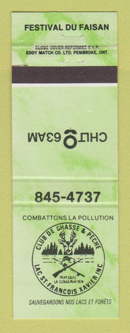 Matchbook Cover - Club De Ghasse & Peche Hunting Festival Du Faisan QC GREEN