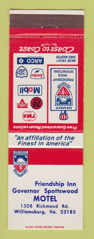 Matchbook Cover - Friendship Inn Governor Spottswood Motel Williamsburg VA