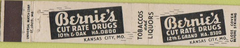 Matchbook Cover - Bernie's Cut Rate Drugs Kansas City MO 10 Strike