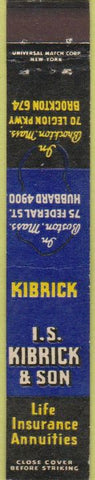 Matchbook Cover - Kibrick Insurance Brockton MA 10 Strike