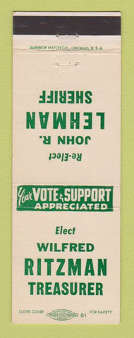 Matchbook Cover - John R Lehman for Sheriff Wilfred Ritzman Treasurer