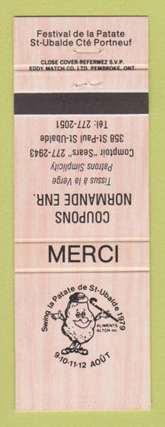 Matchbook Cover - Festival de LA Patate St Ubalde QC Coupons Normande