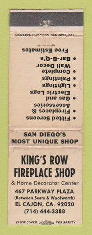 Matchbook Cover - King's Row Fireplace Shop El Cajon CA WORN