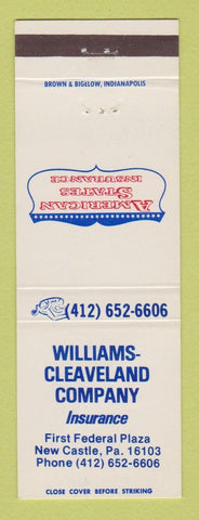 Matchbook Cover - Williams Cleaveland Insurance New Castle PA