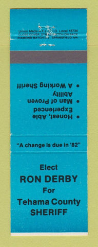 Matchbook Cover - Ron Derby Tehama County Sheriff Election 1982