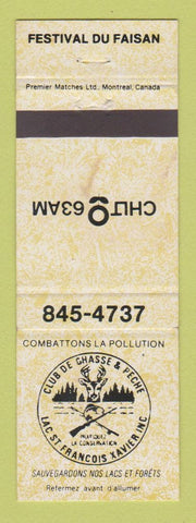 Matchbook Cover - Club De Ghasse & Peche Hunting Festival Du Faisan QC