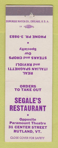 Matchbook Cover - Segale's Restaurant Rutland VT
