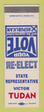 Matchbook Cover - Victor Tudan State Rep Election
