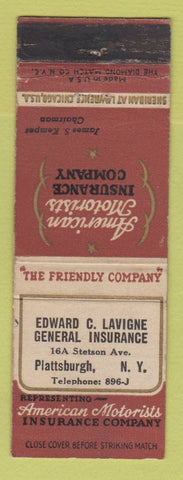 Matchbook Cover - Edward Lavigne Insurance Plattsburg NY WEAR